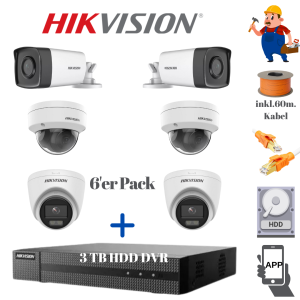 6 Stück Hikvision Kamera 2,8mm 1080HD AcuSense Technologie Komplett Set