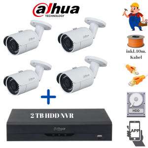 4 Stück Dahua IPC Full HD (2.8mm) 2MP Bullet Überwachungskamera Komplett Set PoE mit 2TB HDD DAHUA NVR Gerät